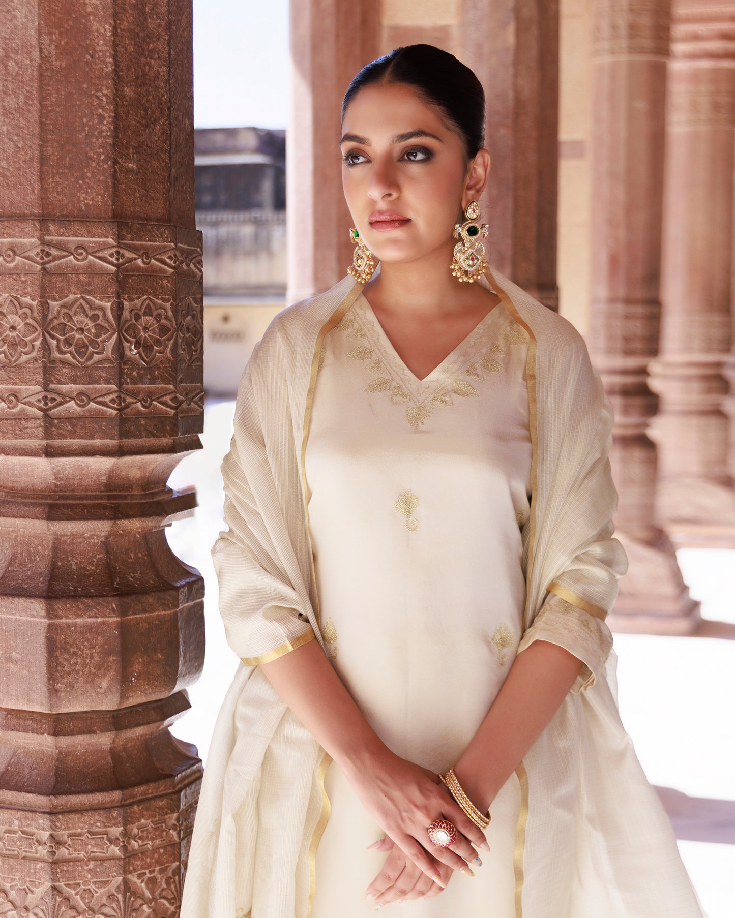 Ivory Gold Embroidered Tissue Kurta Set