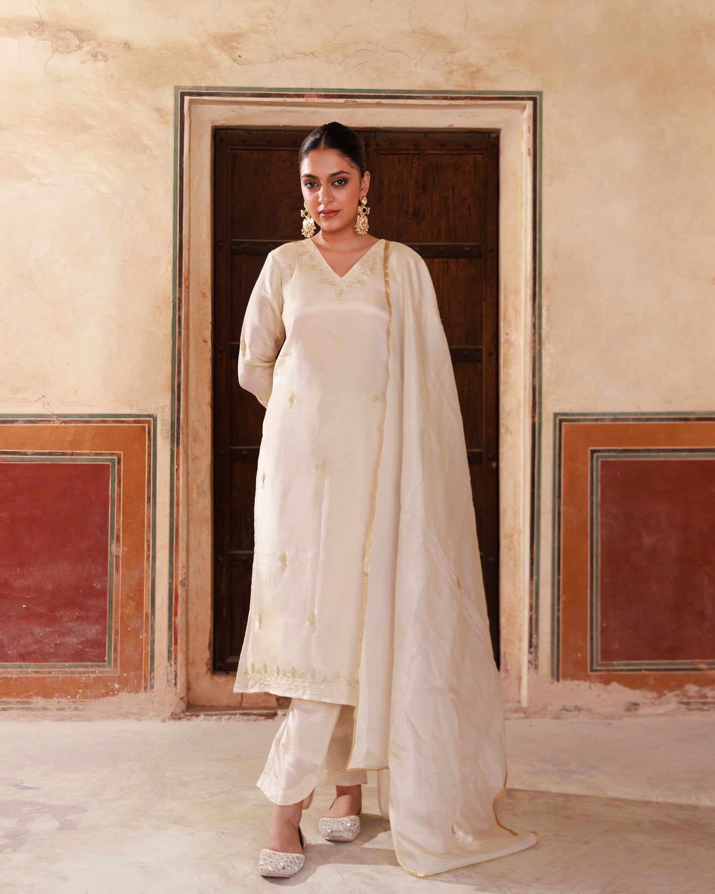 Ivory Gold Embroidered Tissue Kurta Set
