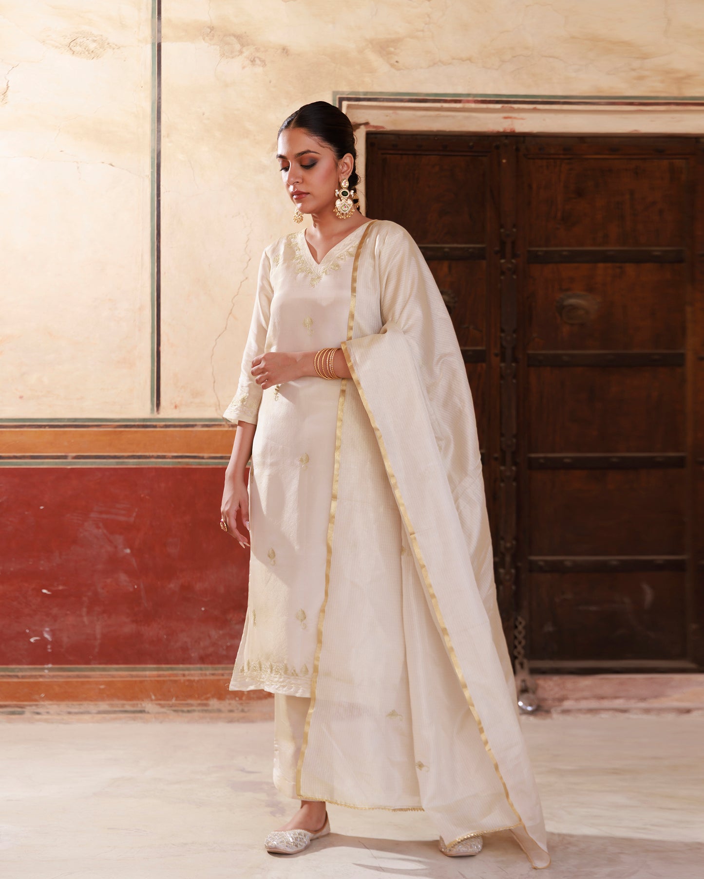 Ivory Gold Embroidered Tissue Kurta Set