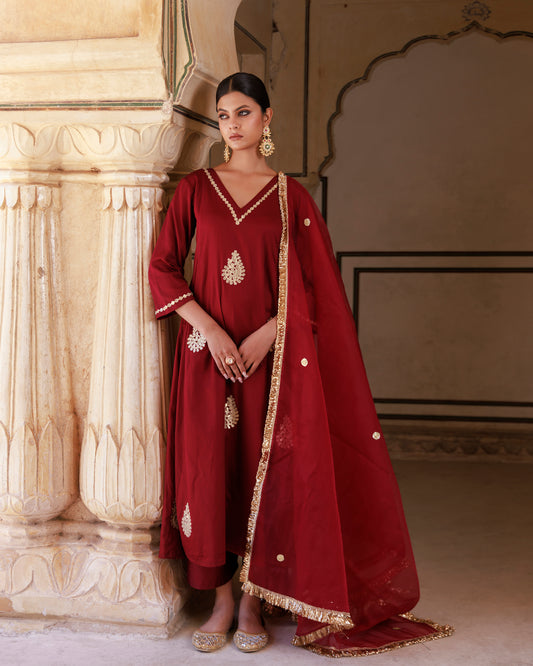 Maroon Cotton Silk Gota Patti Work Anarkali Set