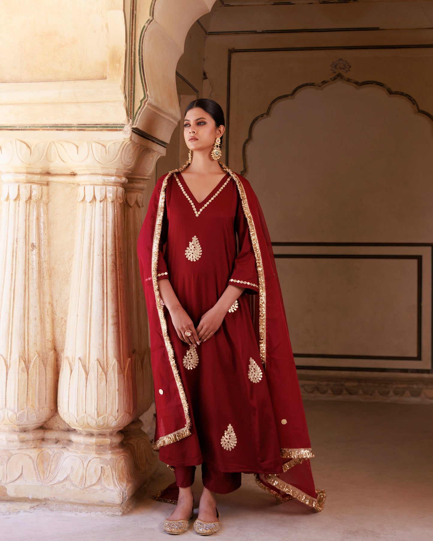 Maroon Cotton Silk Gota Patti Work Anarkali Set