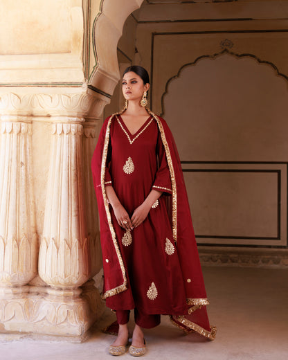 Maroon Cotton Silk Gota Patti Work Anarkali Set