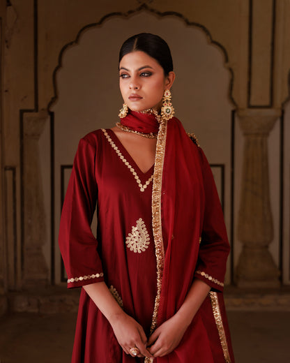 Maroon Cotton Silk Gota Patti Work Anarkali Set