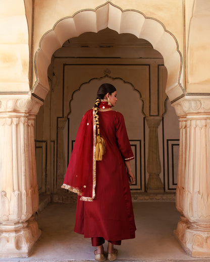 Maroon Cotton Silk Gota Patti Work Anarkali Set