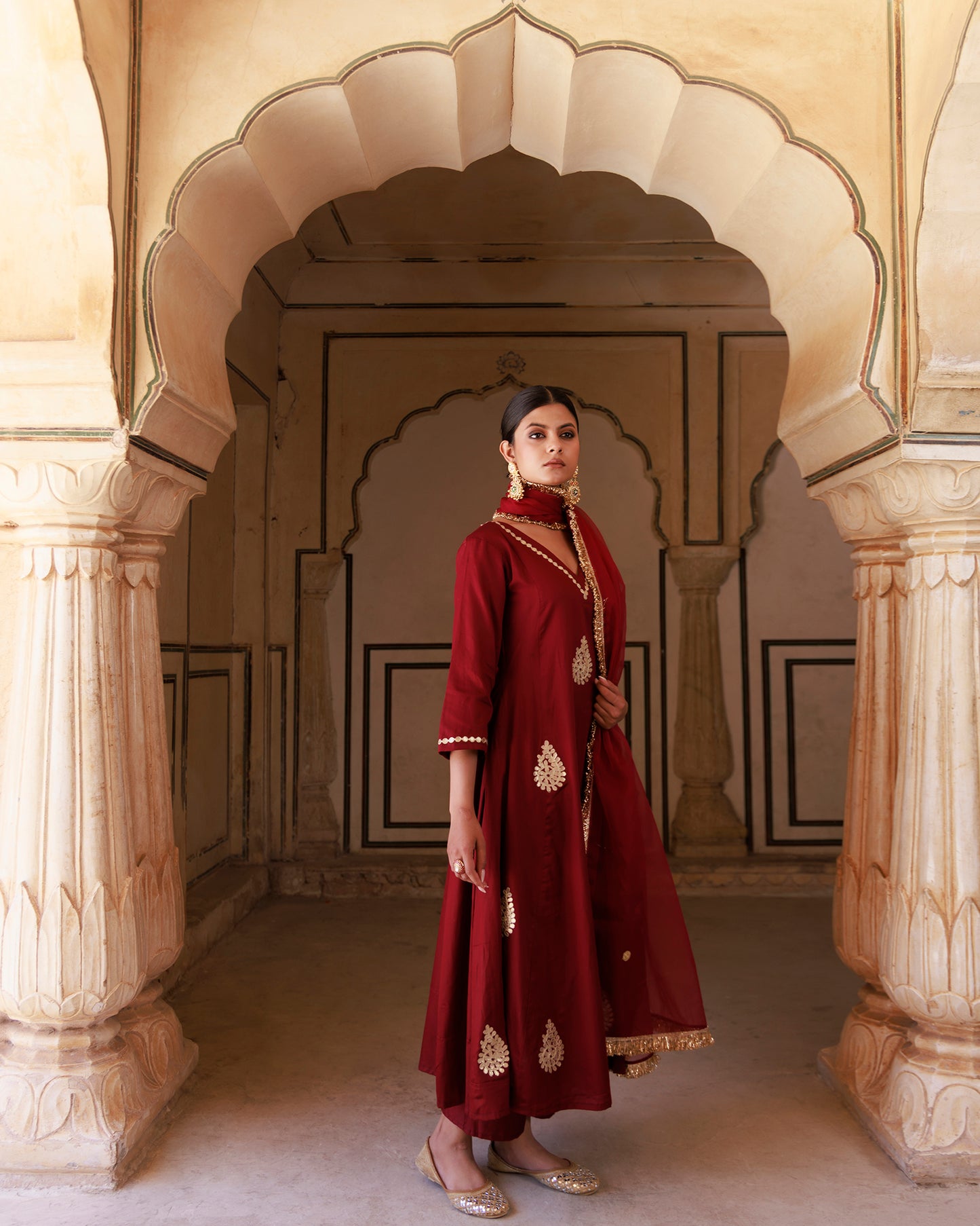 Maroon Cotton Silk Gota Patti Work Anarkali Set