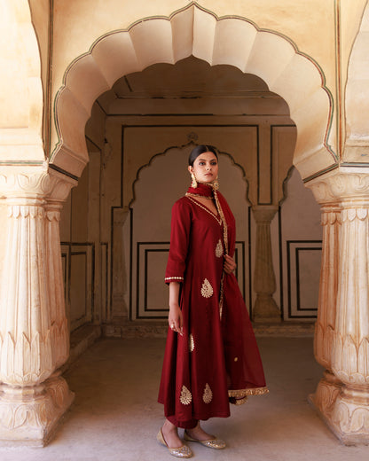 Maroon Cotton Silk Gota Patti Work Anarkali Set