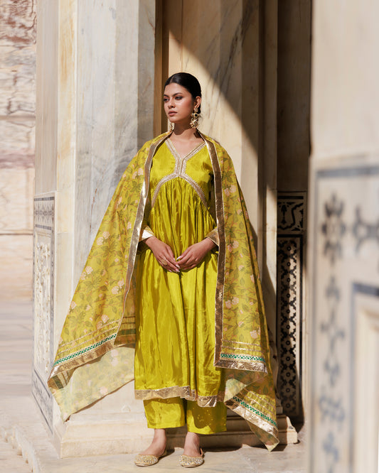 Olive Yellow Uppada Silk Kurta Set With Printed Chanderi Dupatta