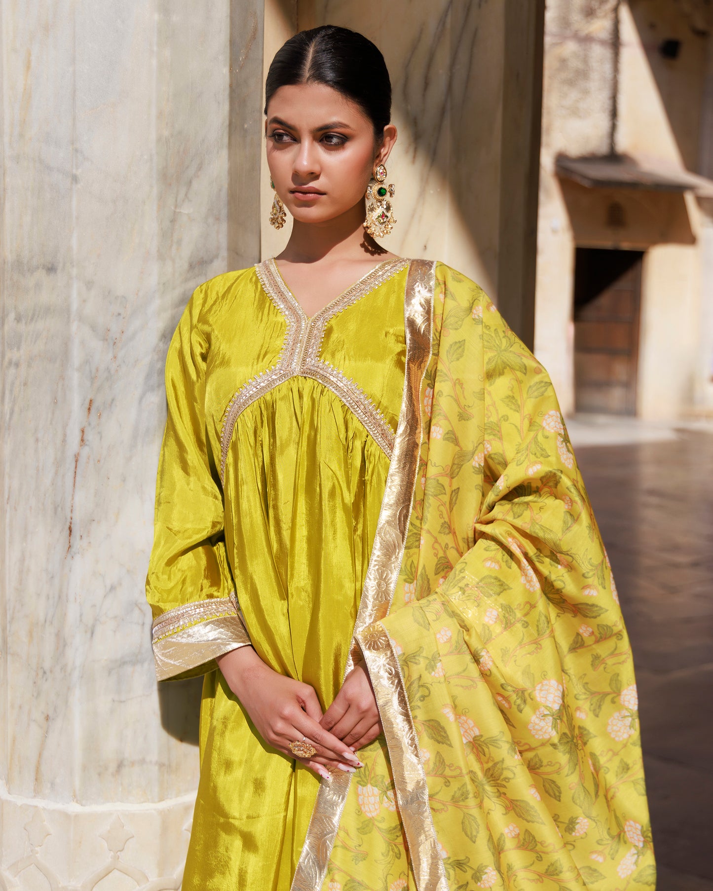 Olive Yellow Uppada Silk Kurta Set With Printed Chanderi Dupatta