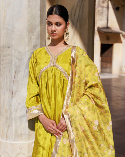 Olive Yellow Uppada Silk Kurta Set With Printed Chanderi Dupatta