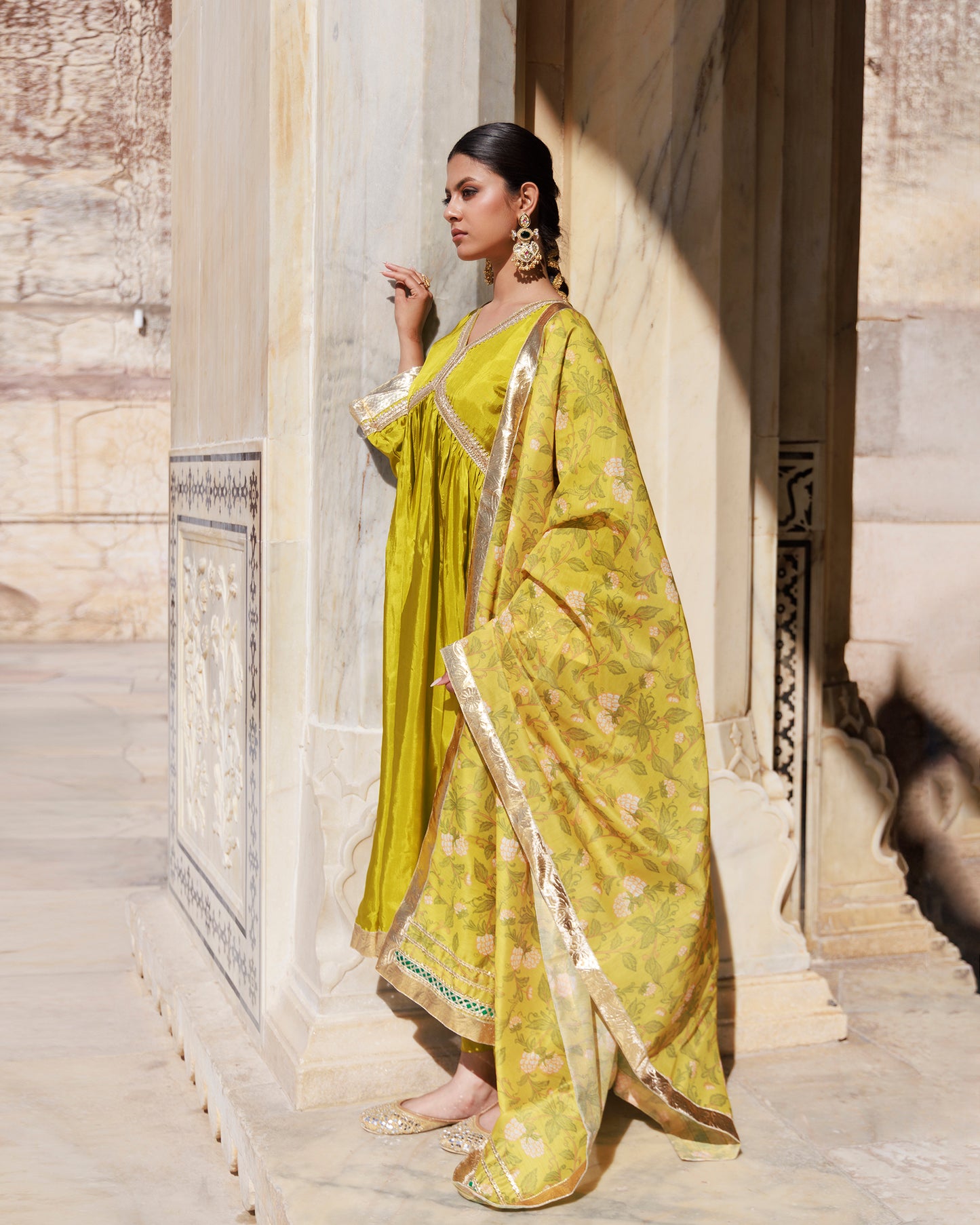 Olive Yellow Uppada Silk Kurta Set With Printed Chanderi Dupatta