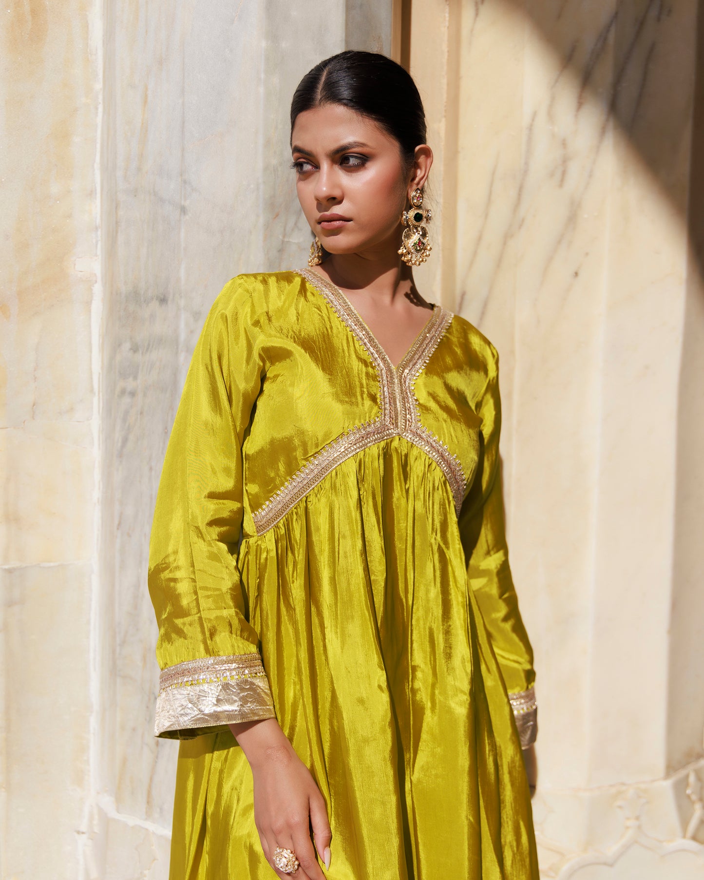 Olive Yellow Uppada Silk Kurta Set With Printed Chanderi Dupatta