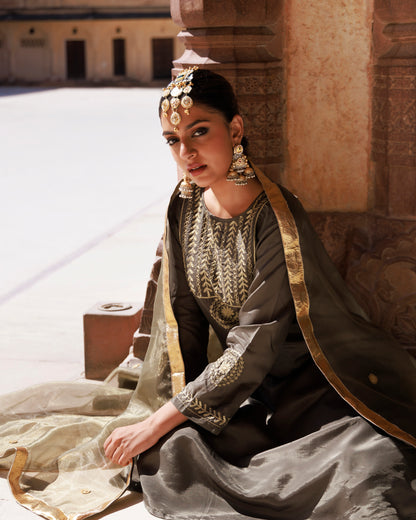 Green Upadda Silk Aari Embroidered Kurta Set