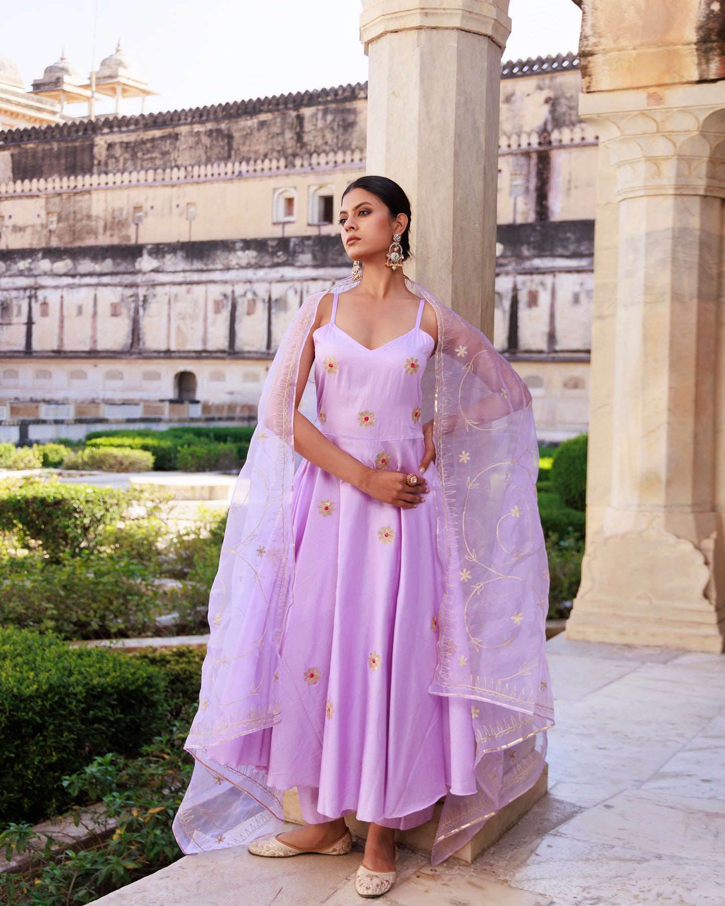 Lavender Aari Embroidered Strapy Cotton Silk Anarkali Set