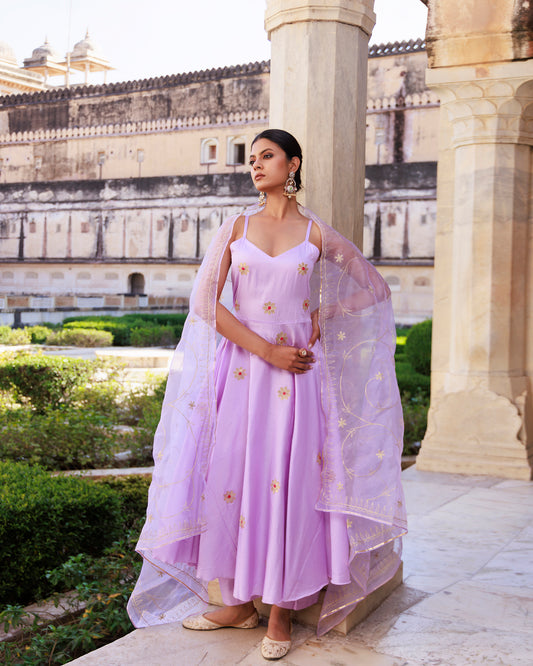 Lavender Aari Embroidered Strapy Cotton Silk Anarkali Set