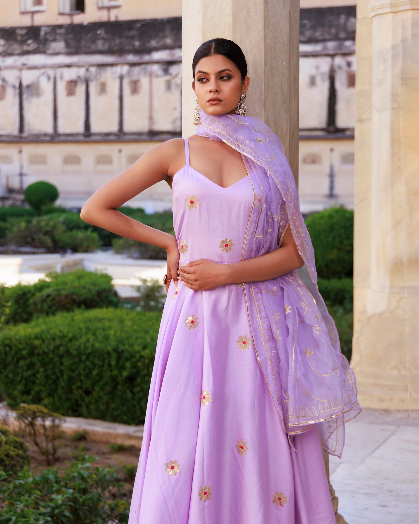 Lavender Aari Embroidered Strapy Cotton Silk Anarkali Set