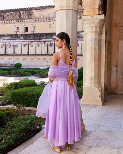 Lavender Aari Embroidered Strapy Cotton Silk Anarkali Set