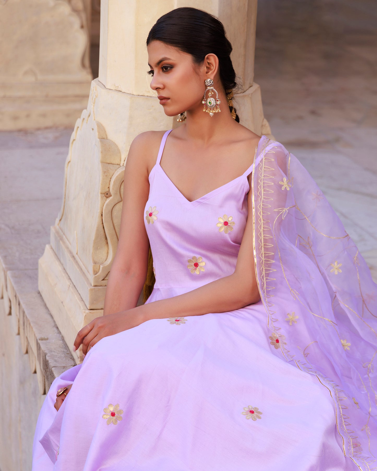 Lavender Aari Embroidered Strapy Cotton Silk Anarkali Set