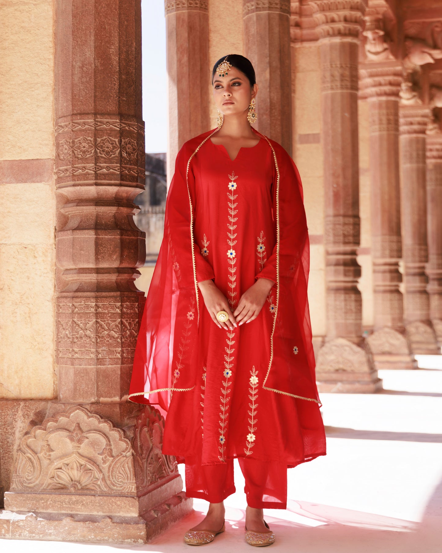 Red Chanderi Aari Embroidered Anarkali Set