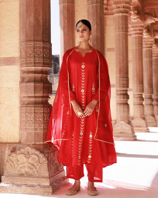 Red Chanderi Aari Embroidered Anarkali Set