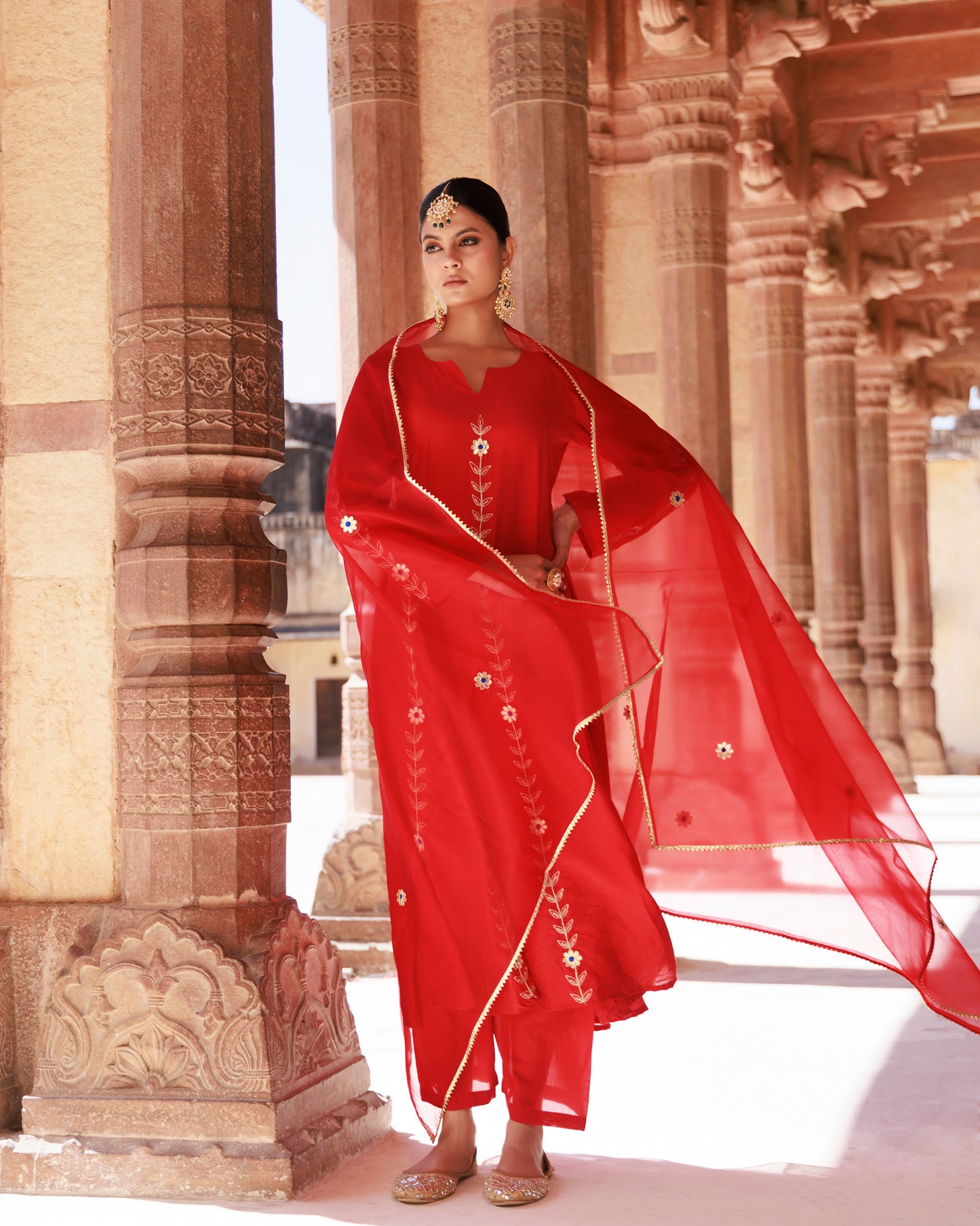 Red Chanderi Aari Embroidered Anarkali Set