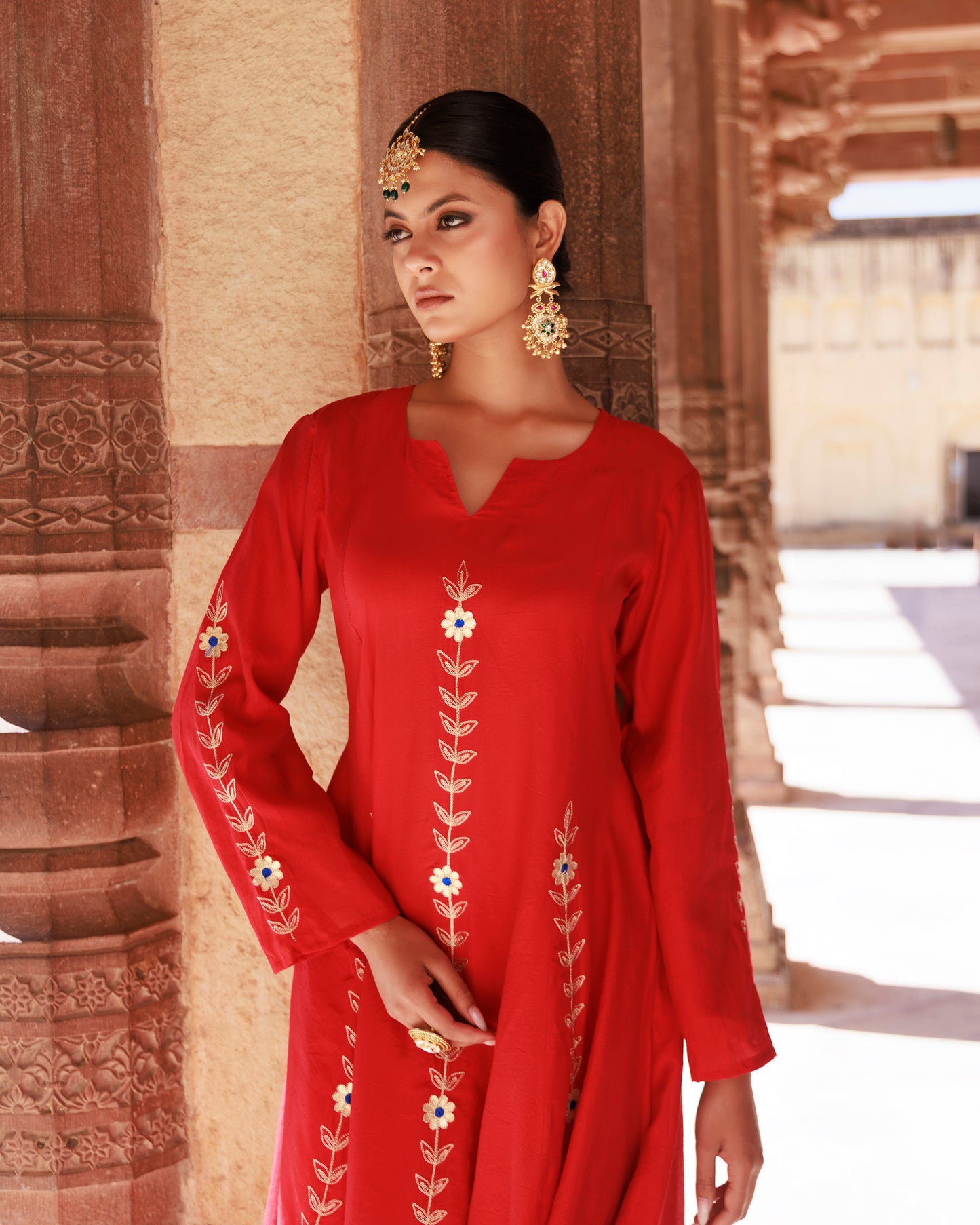 Red Chanderi Aari Embroidered Anarkali Set