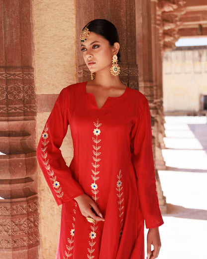 Red Chanderi Aari Embroidered Anarkali Set