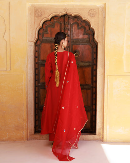 Red Chanderi Aari Embroidered Anarkali Set