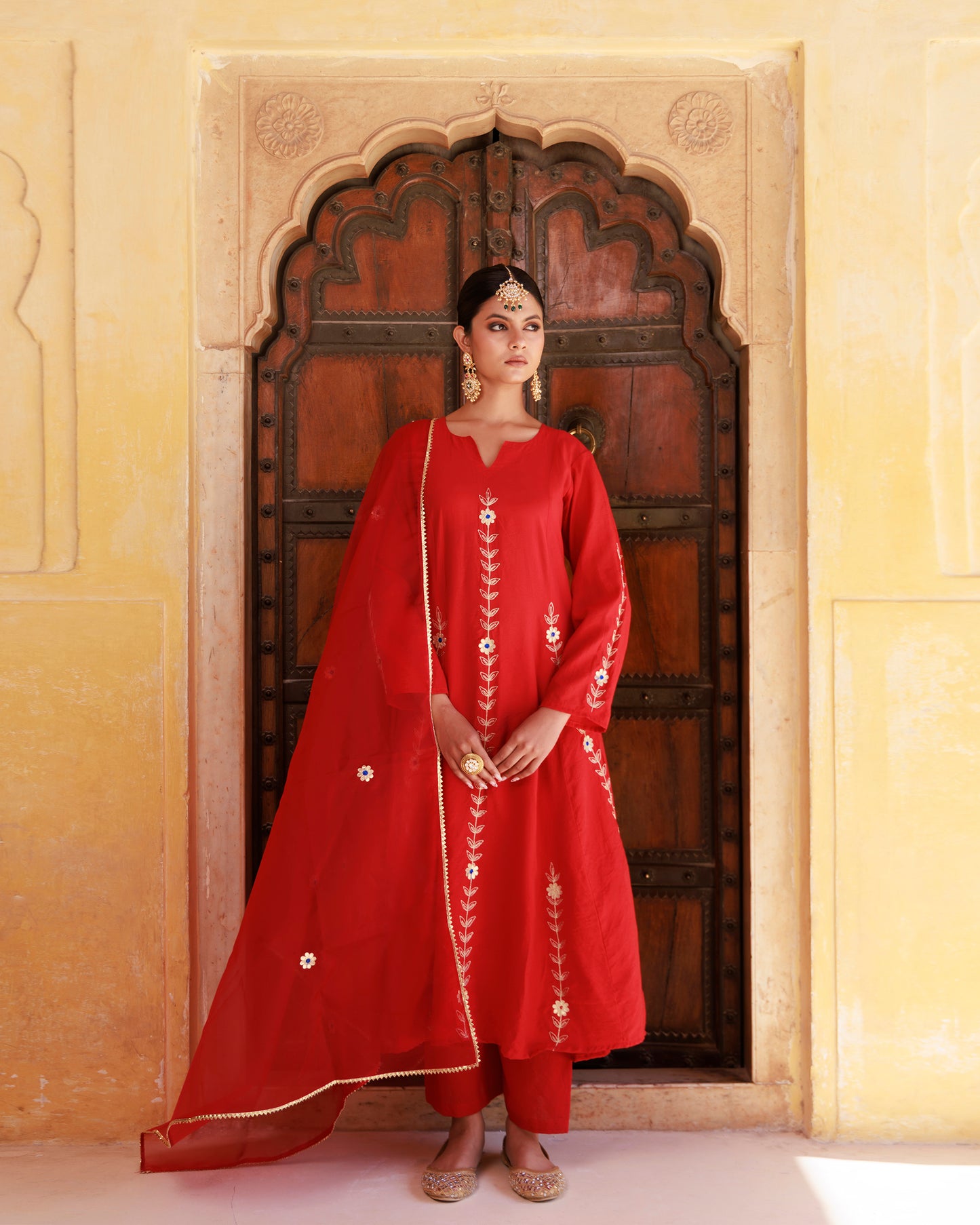 Red Chanderi Aari Embroidered Anarkali Set