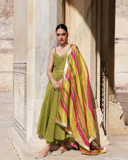 Green Aari Embroidered Dupion Silk Strapy Anarkali Set