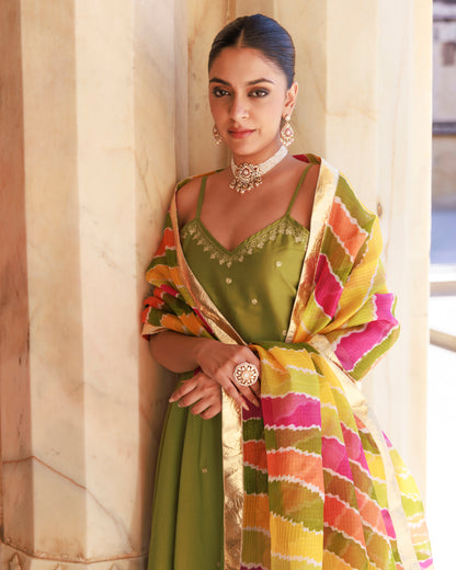 Green Aari Embroidered Dupion Silk Strapy Anarkali Set