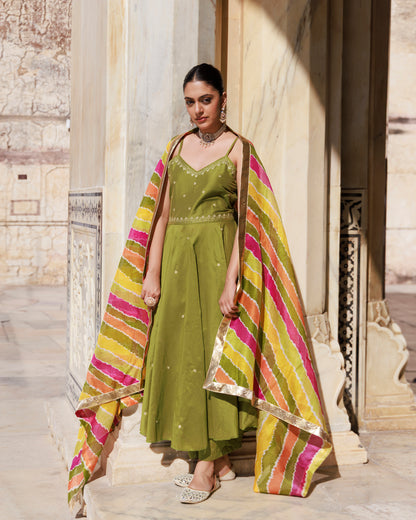 Green Aari Embroidered Dupion Silk Strapy Anarkali Set