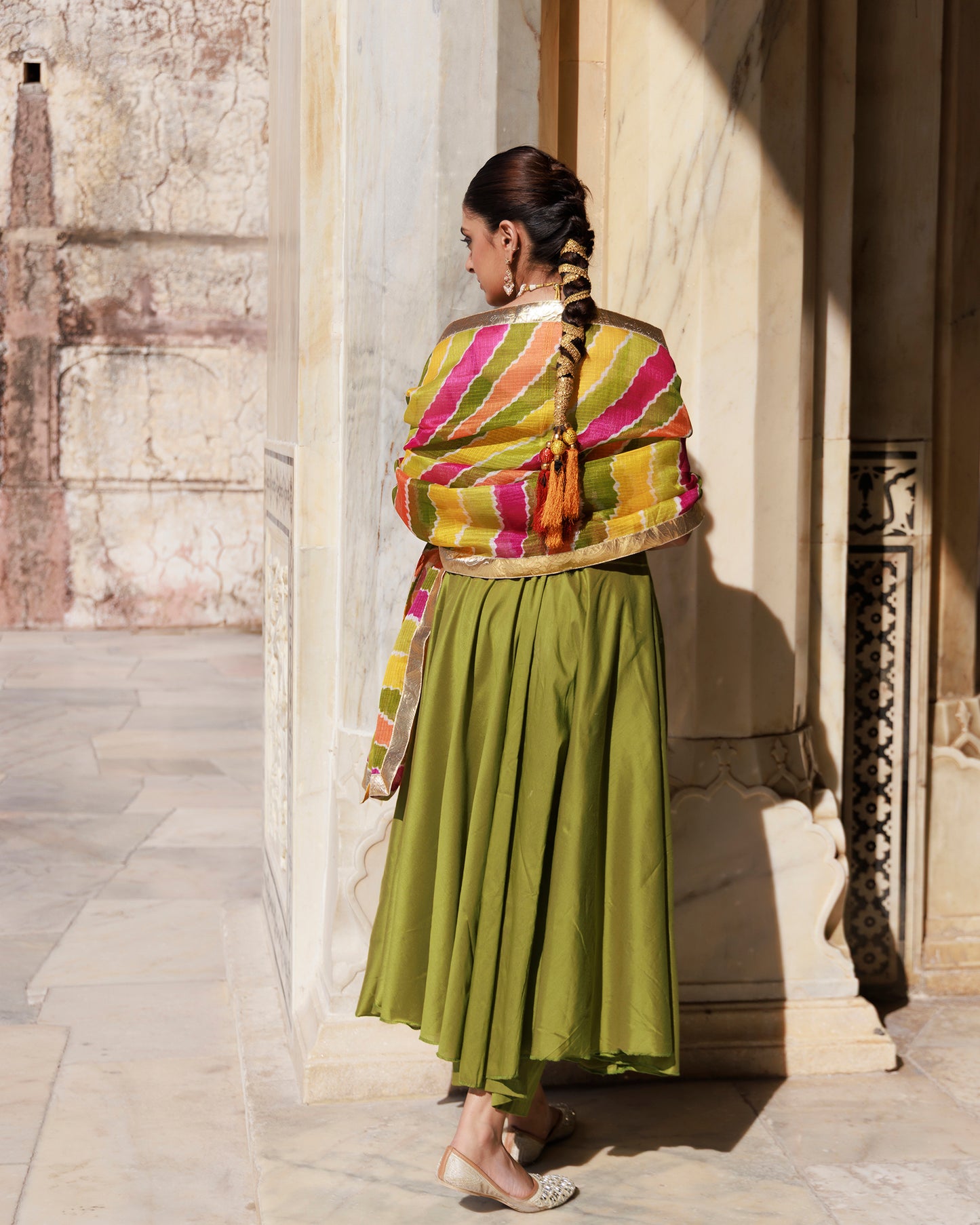 Green Aari Embroidered Dupion Silk Strapy Anarkali Set