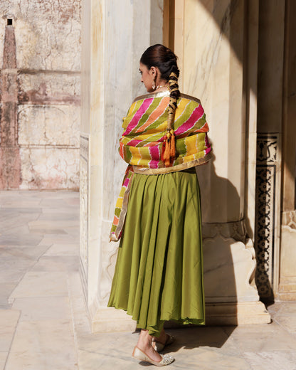 Green Aari Embroidered Dupion Silk Strapy Anarkali Set