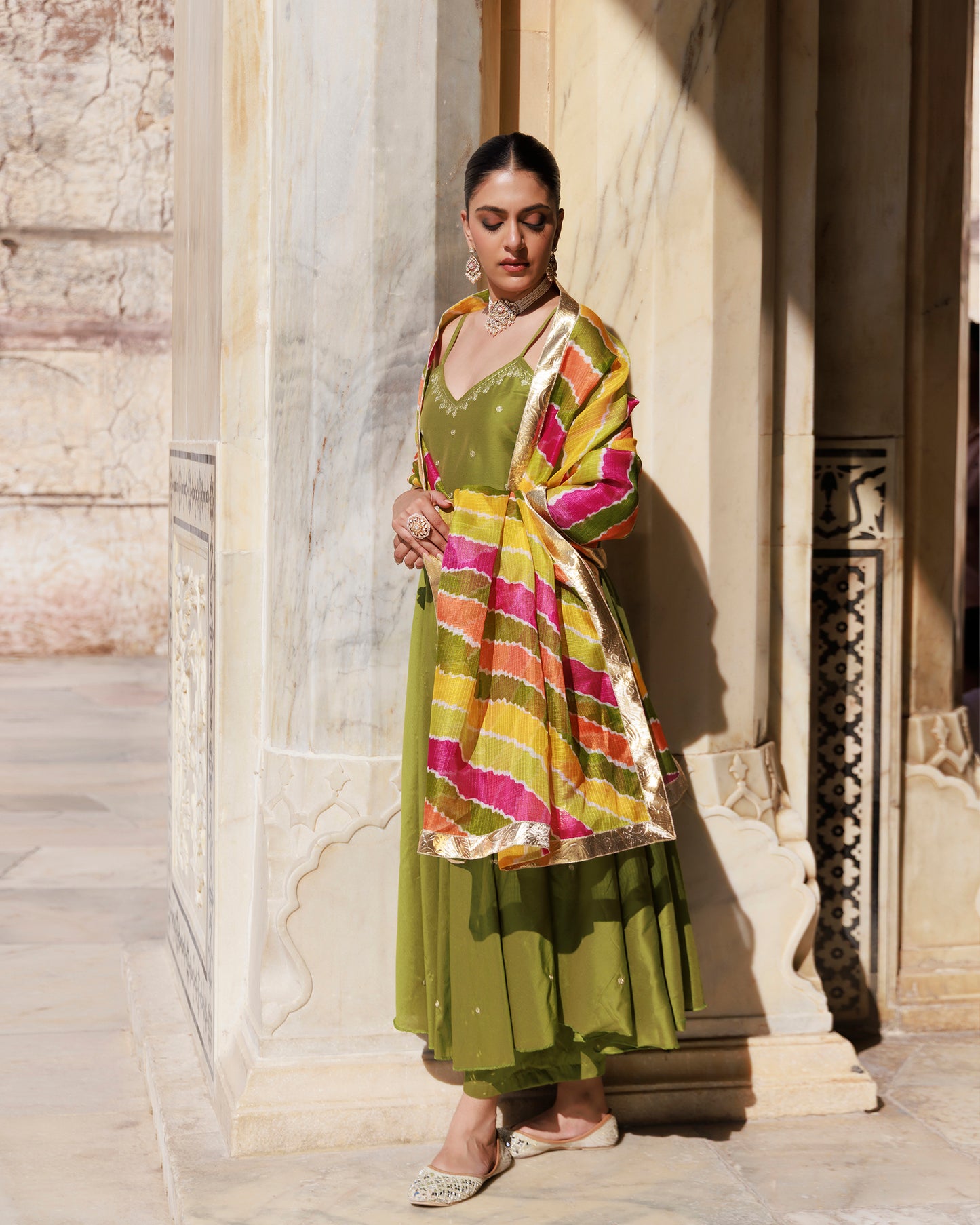 Green Aari Embroidered Dupion Silk Strapy Anarkali Set