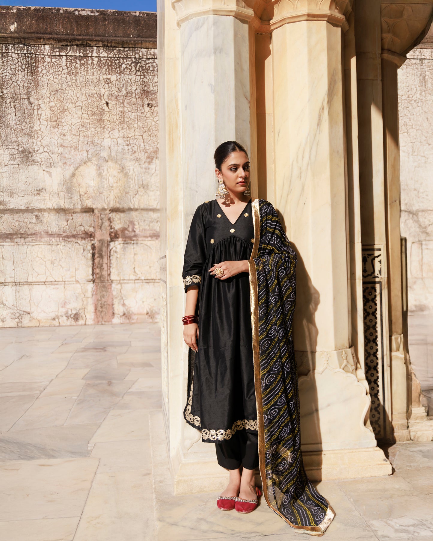 Black Gota Patti Work Dupion Silk Kurta Set with Bandhani Printed Dupatta