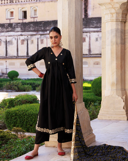 Black Gota Patti Work Dupion Silk Kurta Set with Bandhani Printed Dupatta