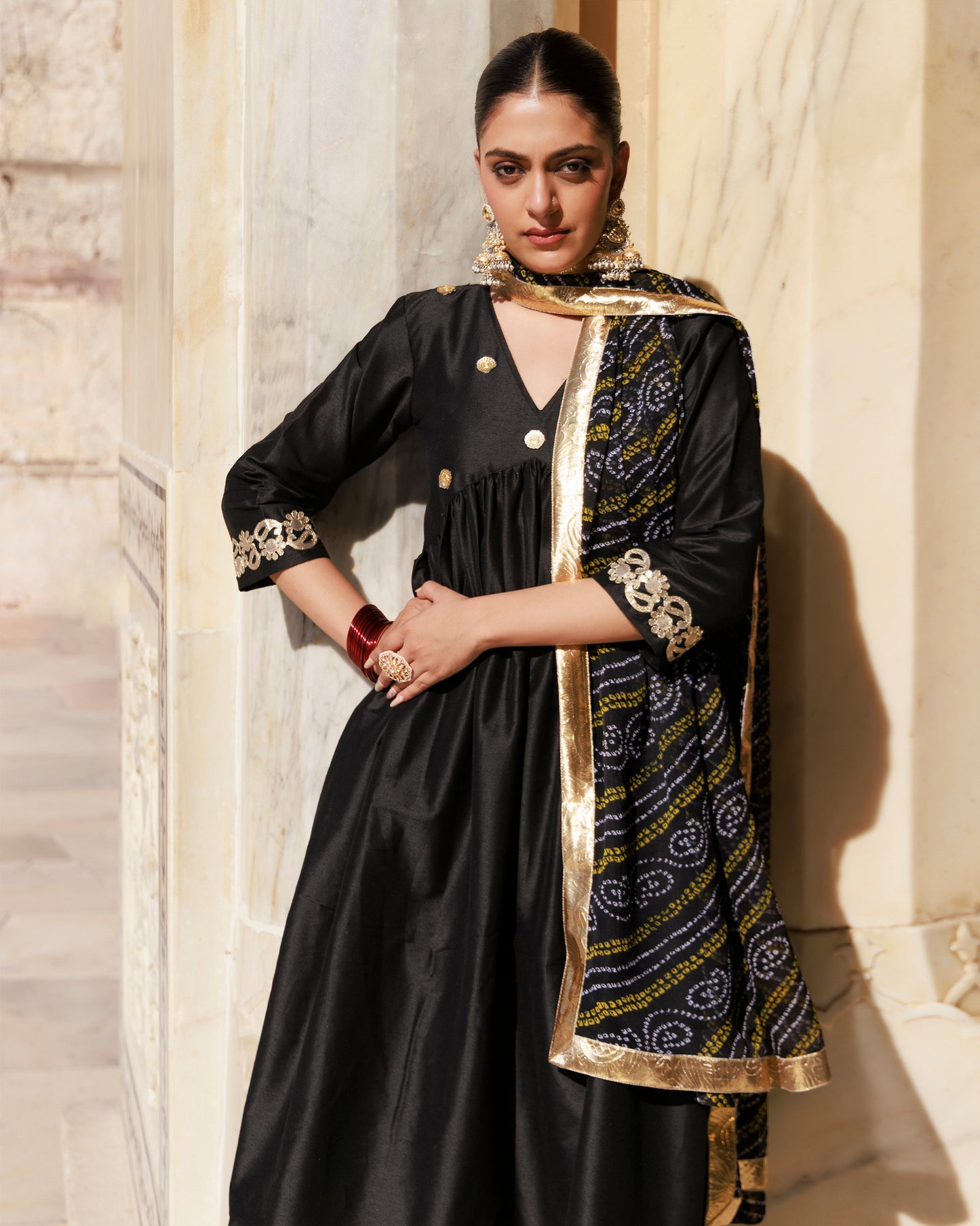 Black Gota Patti Work Dupion Silk Kurta Set with Bandhani Printed Dupatta
