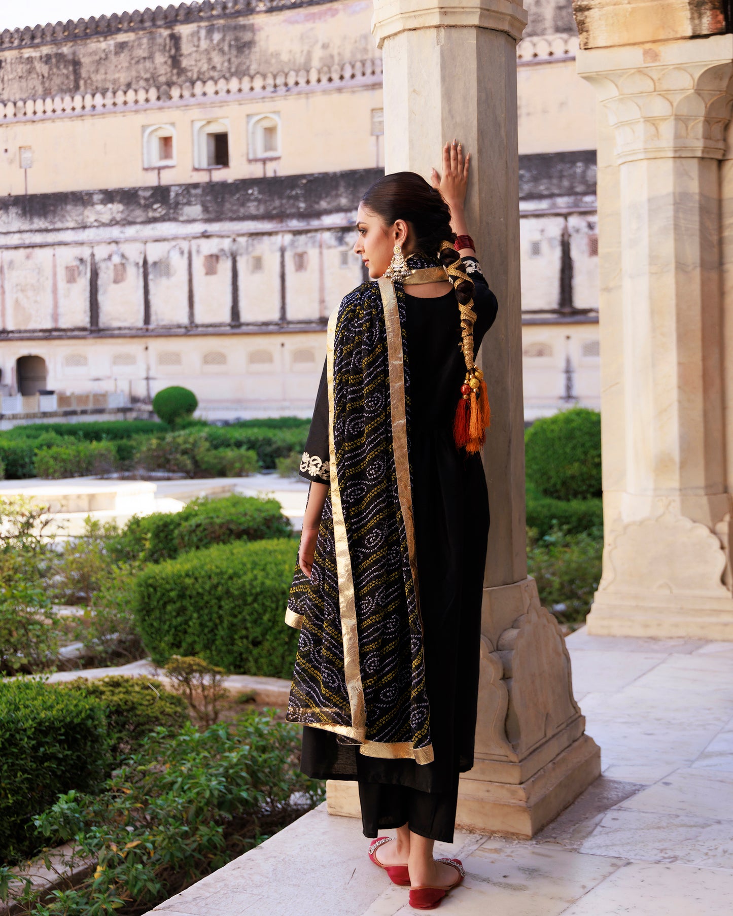 Black Gota Patti Work Dupion Silk Kurta Set with Bandhani Printed Dupatta