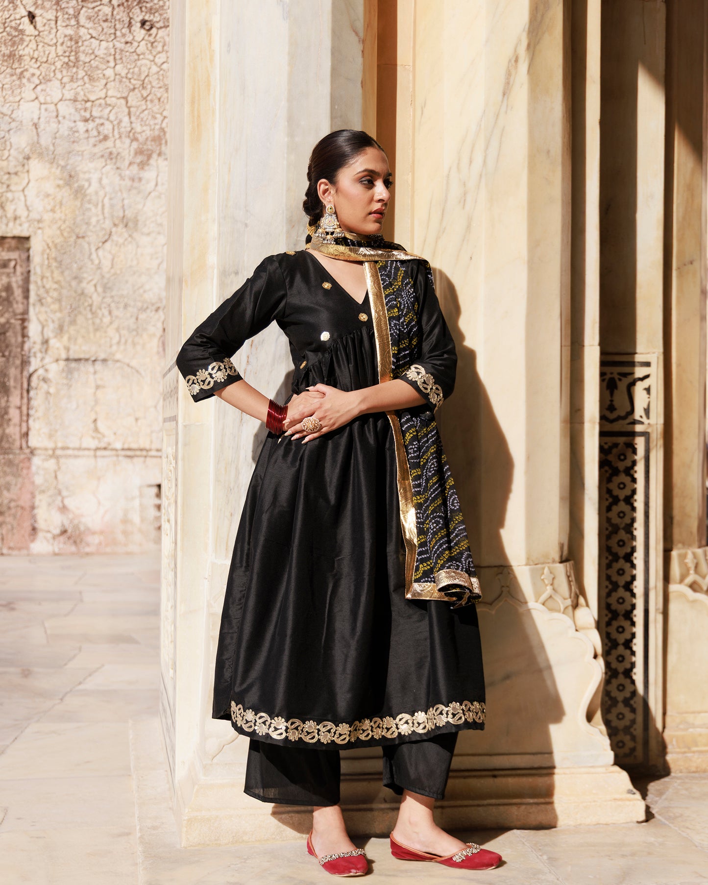 Black Gota Patti Work Dupion Silk Kurta Set with Bandhani Printed Dupatta