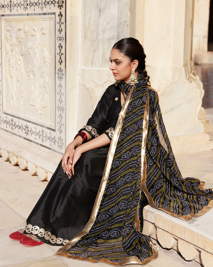 Black Gota Patti Work Dupion Silk Kurta Set with Bandhani Printed Dupatta