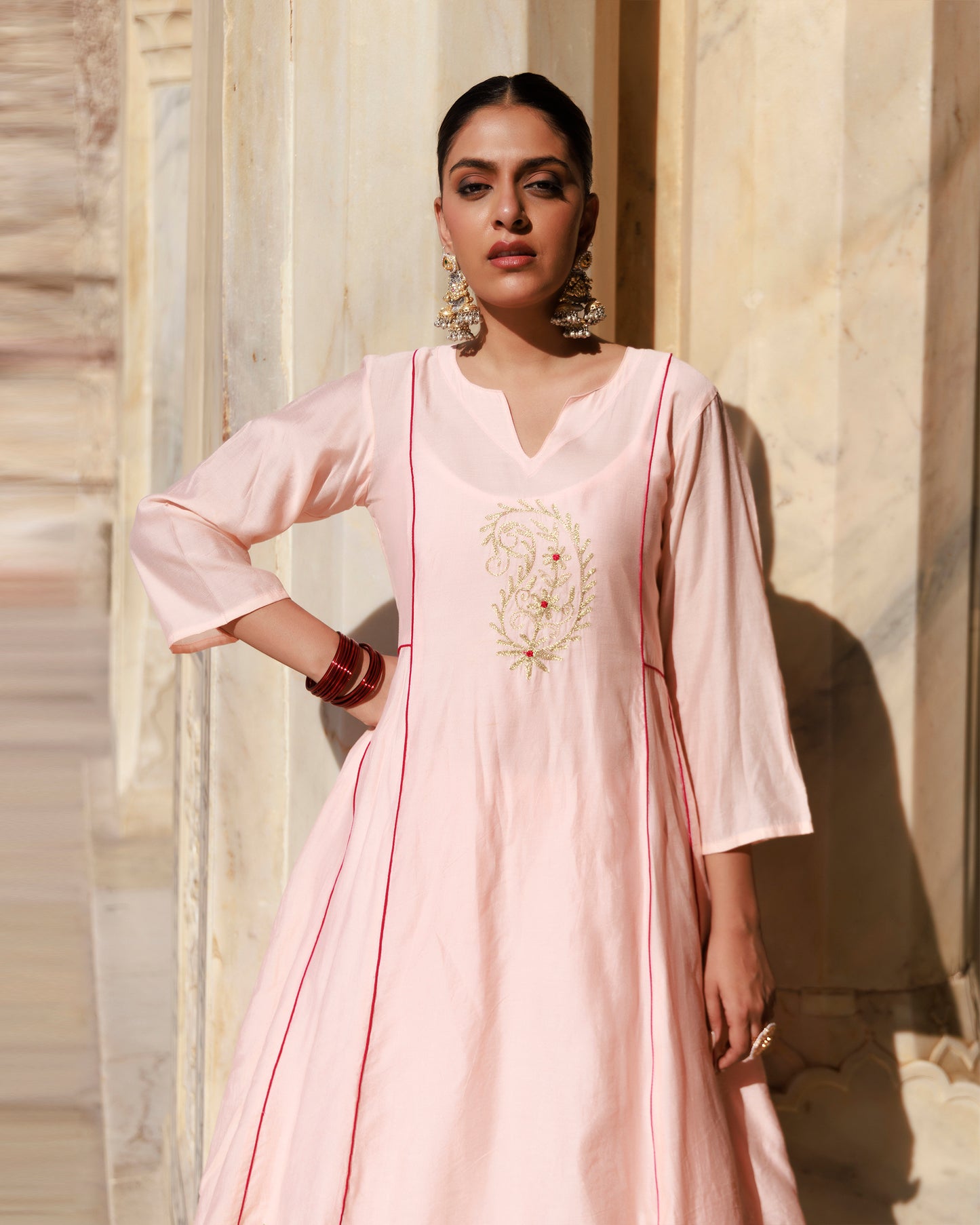 Peach Chanderi Aari Embroidered Anarkali Set