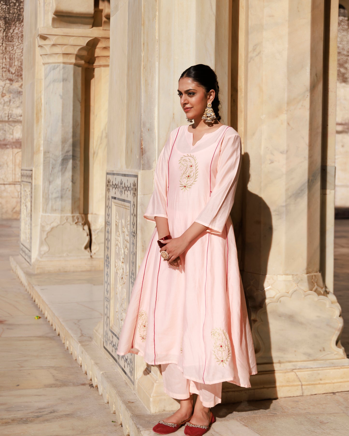 Peach Chanderi Aari Embroidered Anarkali Set