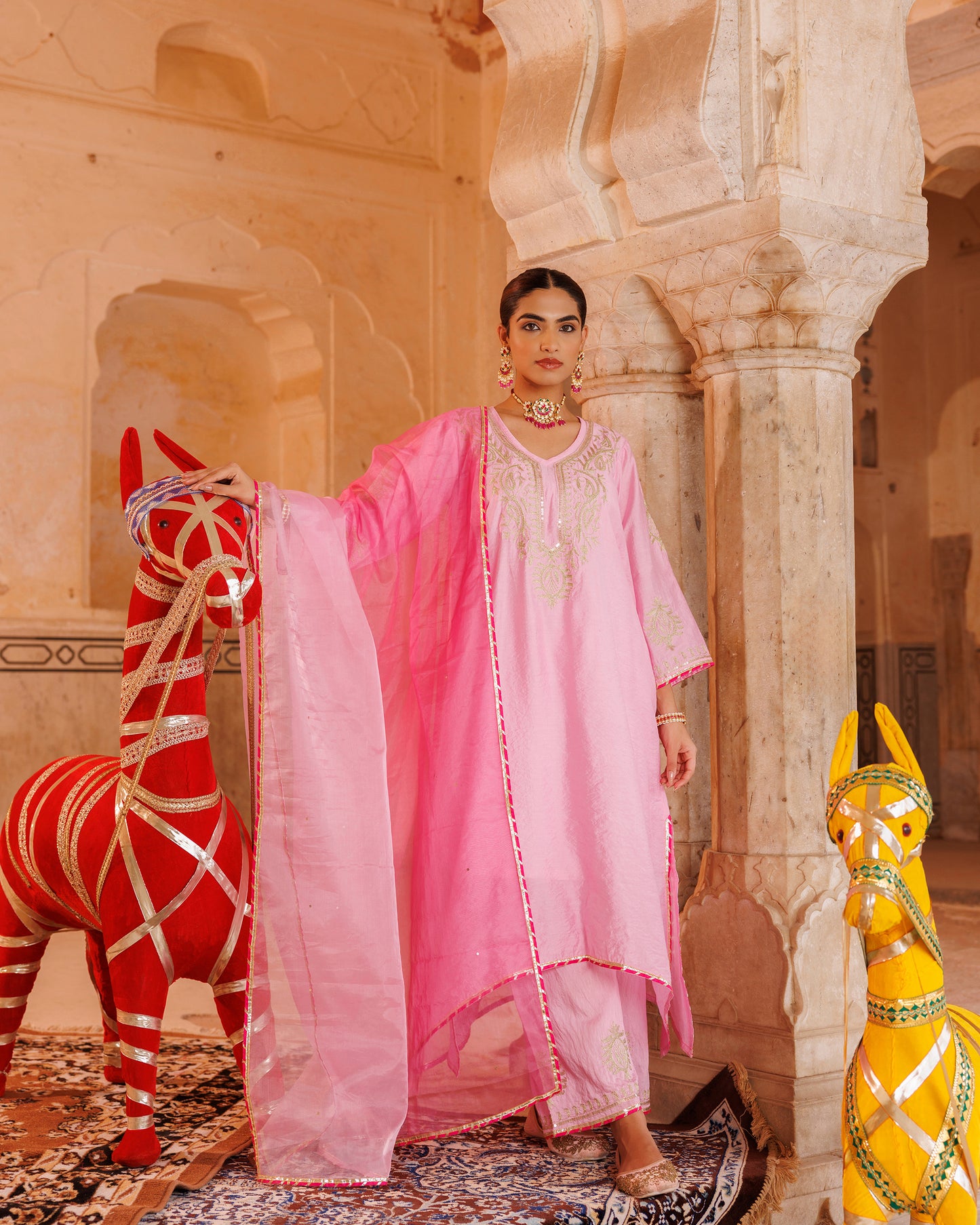 Pink Chanderi Kurta Set With Shaded Dupatta