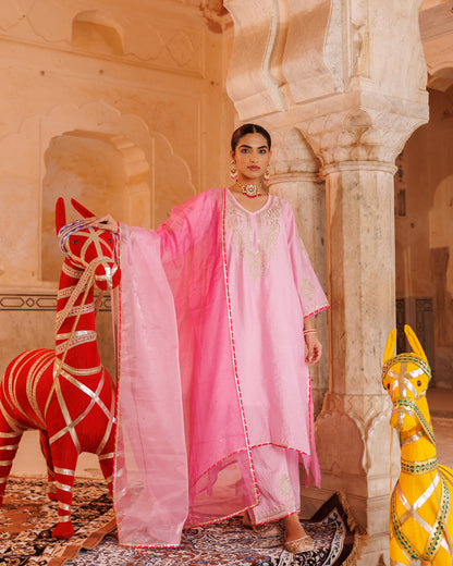 Pink Chanderi Kurta Set With Shaded Dupatta