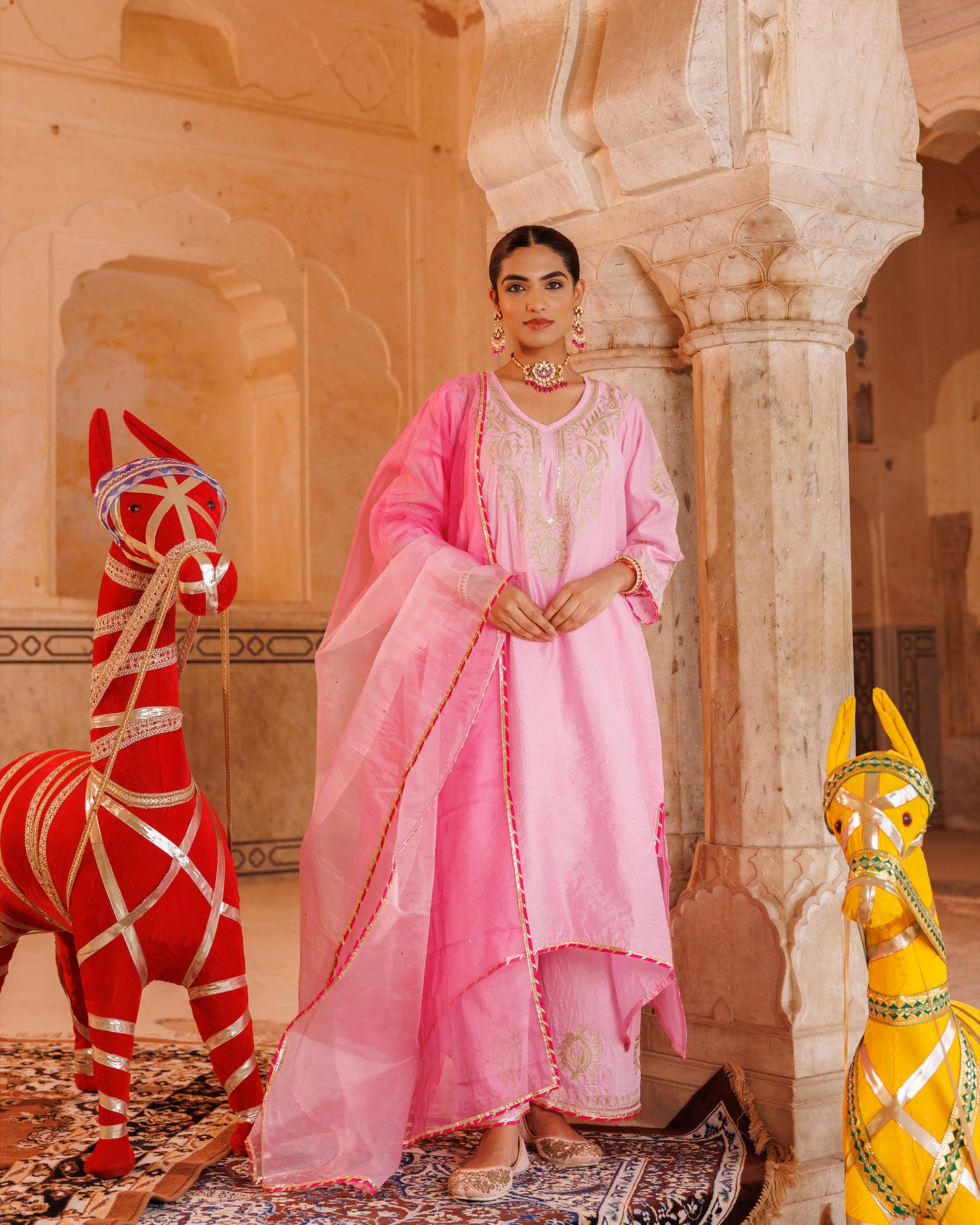 Pink Chanderi Kurta Set With Shaded Dupatta