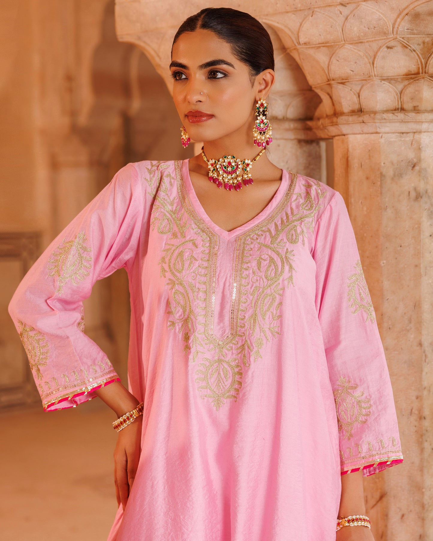Pink Chanderi Kurta Set With Shaded Dupatta