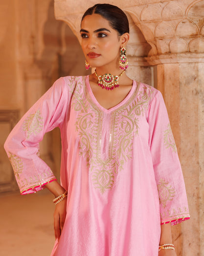 Pink Chanderi Kurta Set With Shaded Dupatta
