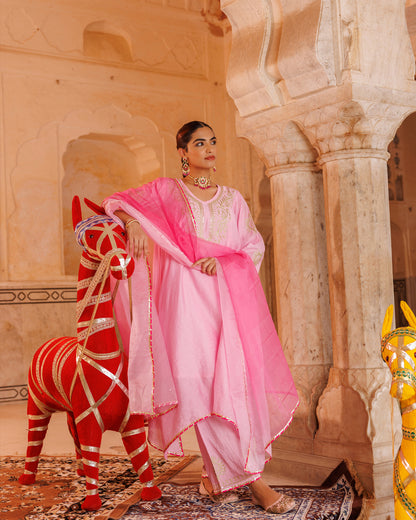 Pink Chanderi Kurta Set With Shaded Dupatta