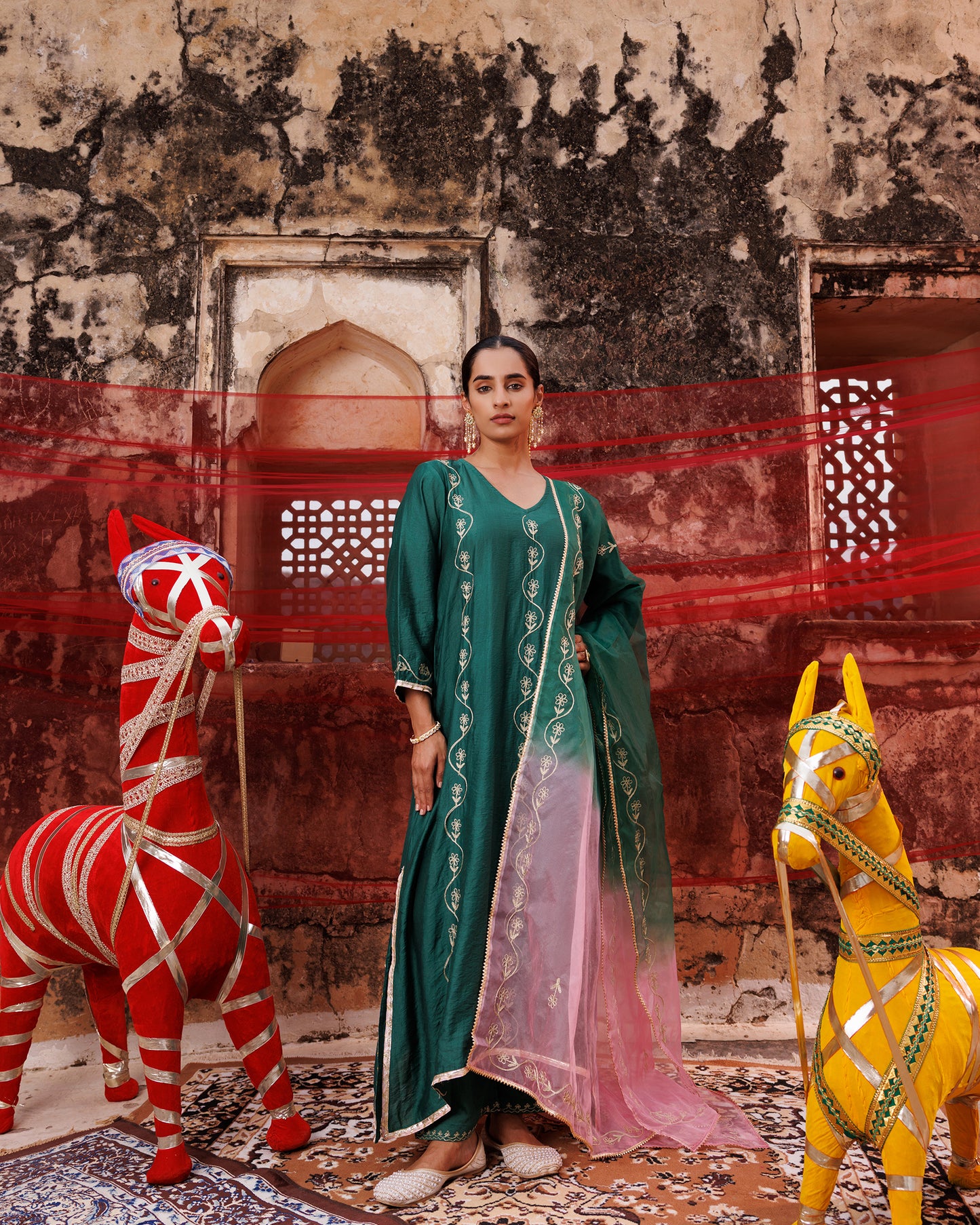 Dark Green Chanderi Kurta Set With Dual-Shaded Dupatta