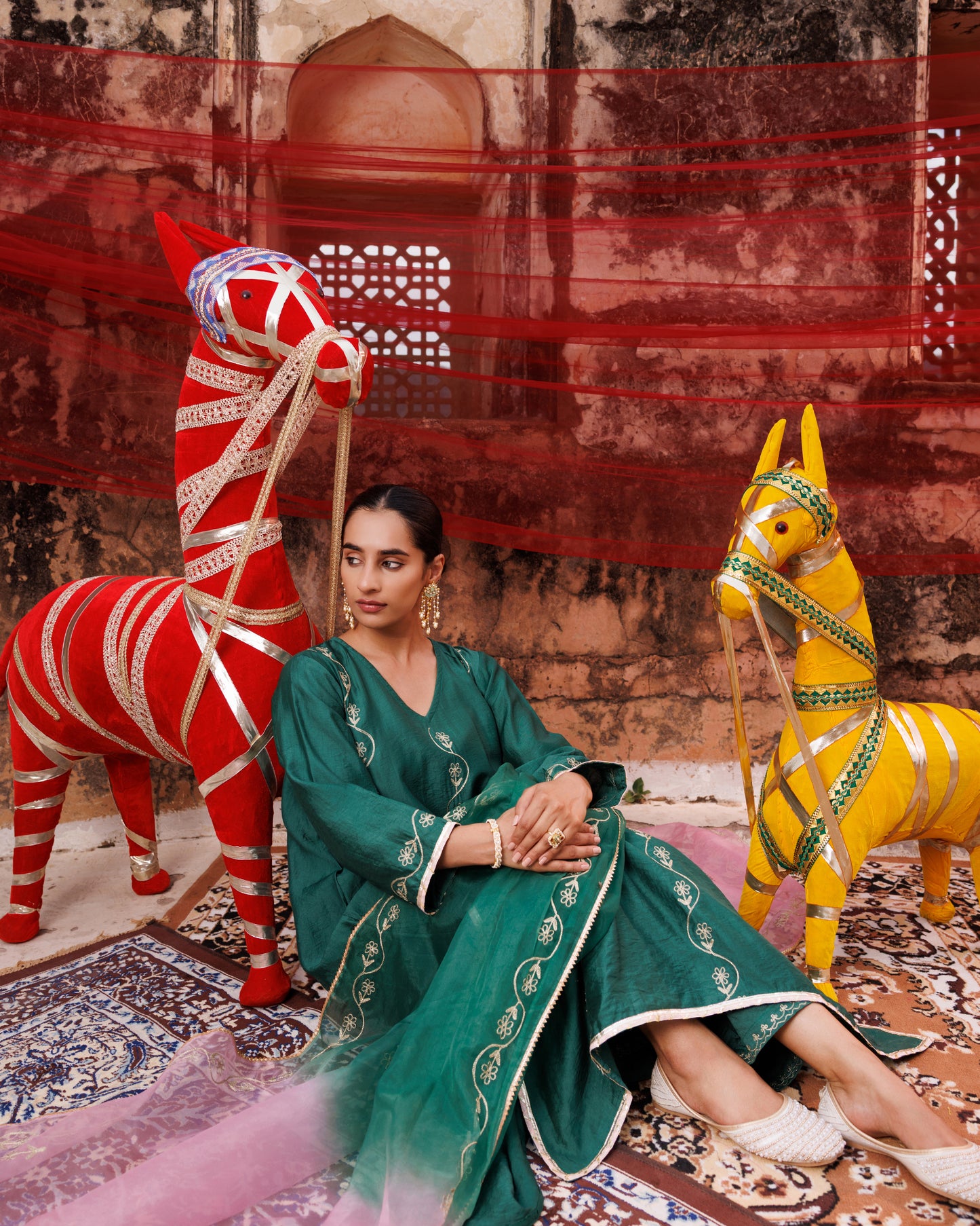 Dark Green Chanderi Kurta Set With Dual-Shaded Dupatta